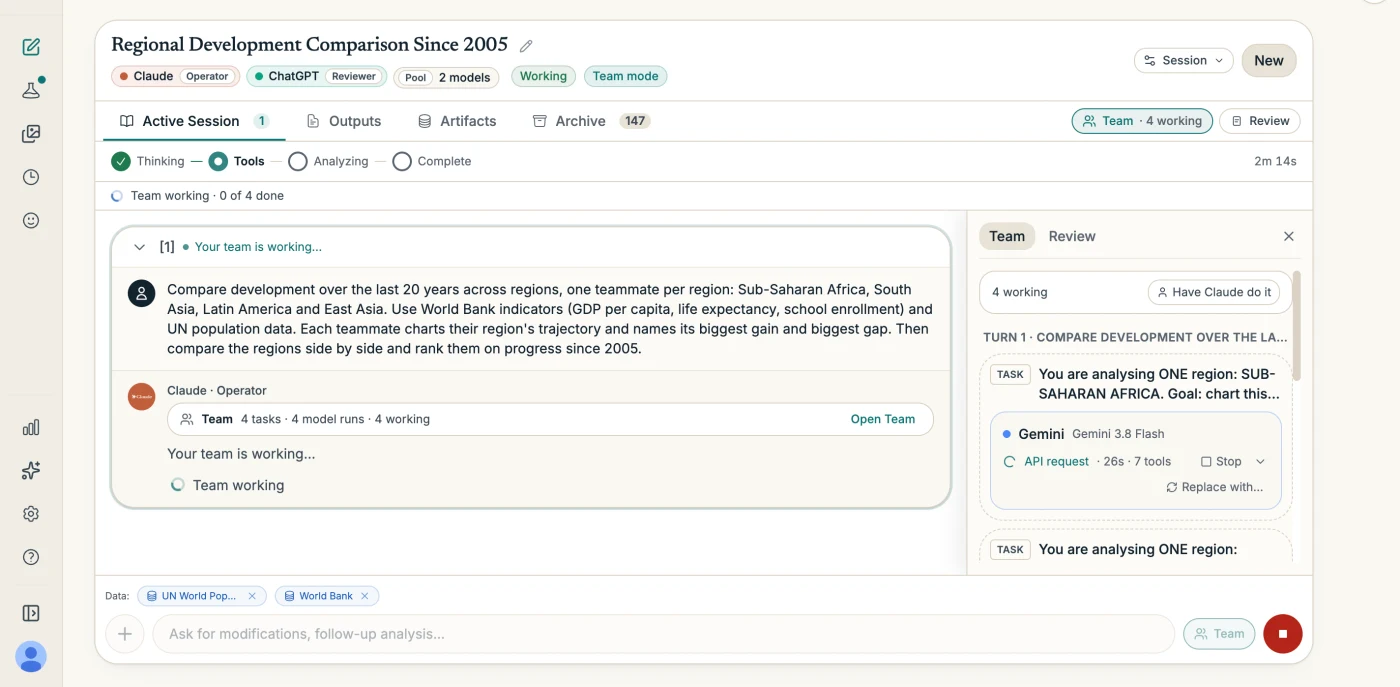 The Team panel with four tasks running, each showing its model, status, time and tool count