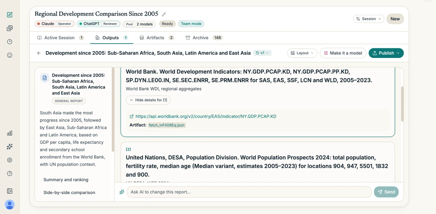 A report's Sources page listing World Bank and UN population sources with the request URL and the fetched file