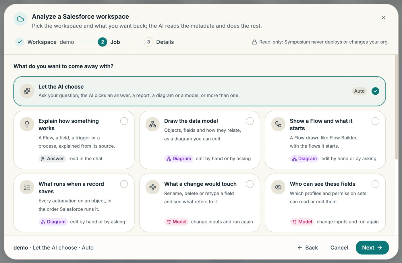 The Analyze a Salesforce workspace dialog, showing job choices such as Explain how something works, Draw the data model and Who can see these fields