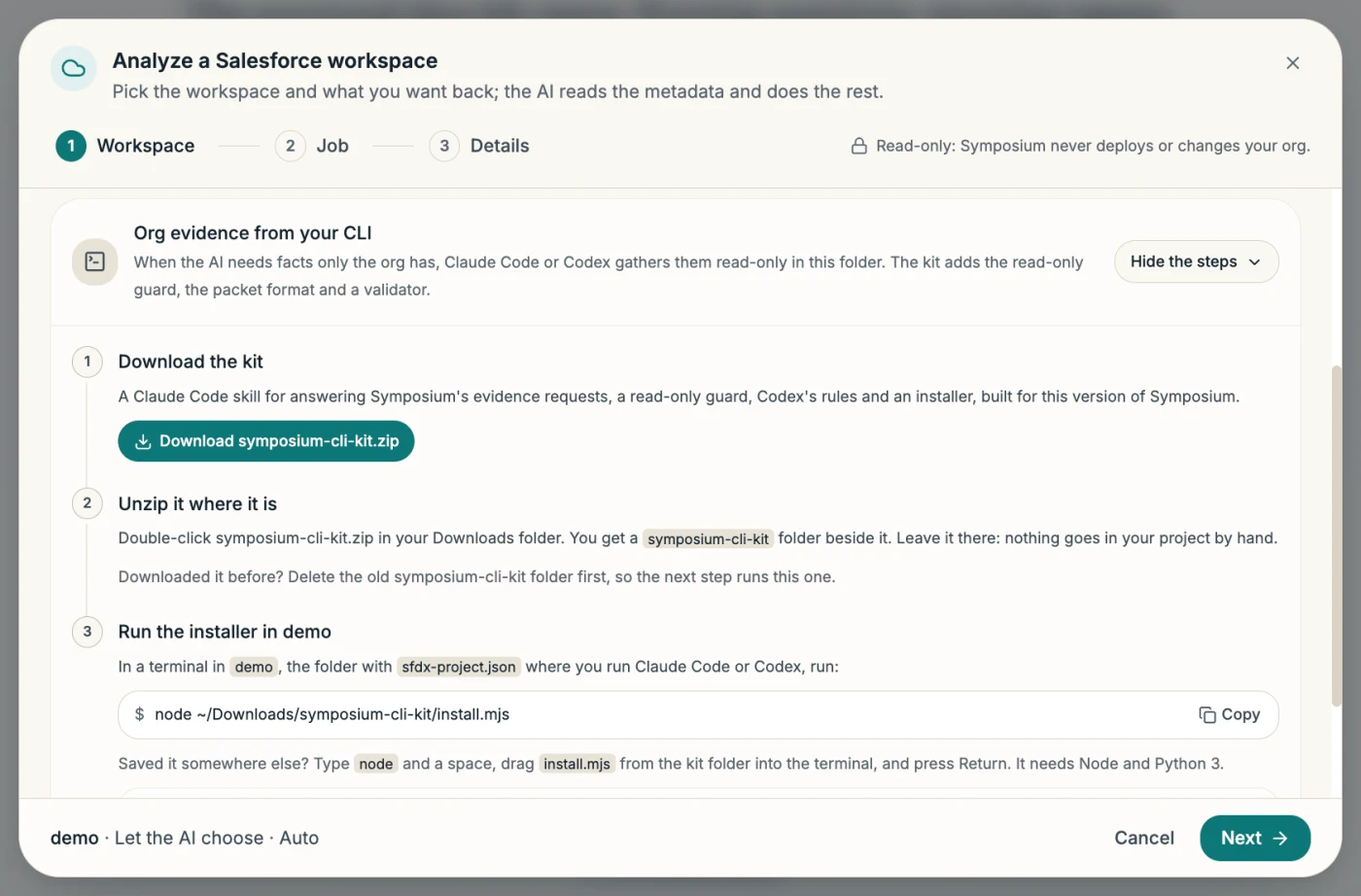 The setup steps for the CLI kit: download symposium-cli-kit.zip, unzip it, and run the installer in the Salesforce project folder