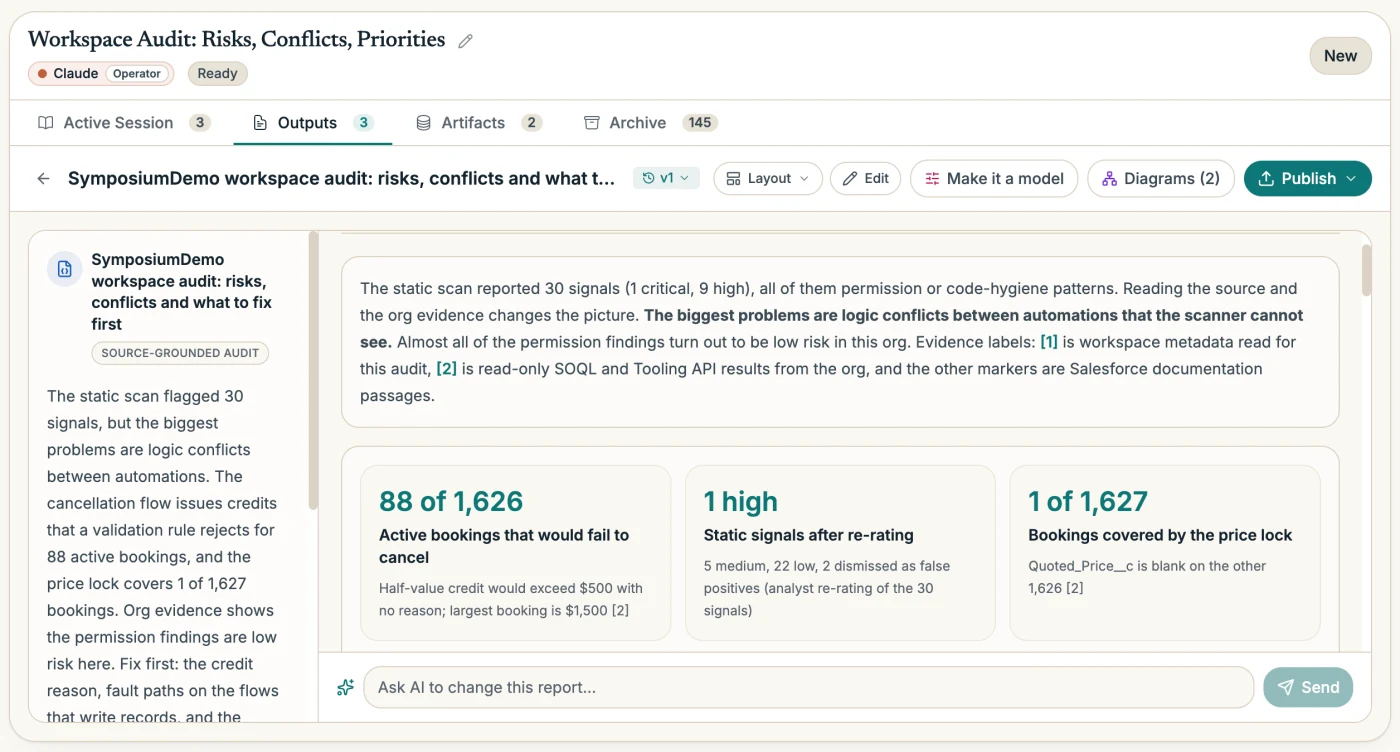 A workspace audit report: a summary of logic conflicts between automations, and headline figures for bookings that would fail to cancel, re-rated signals and price-lock coverage