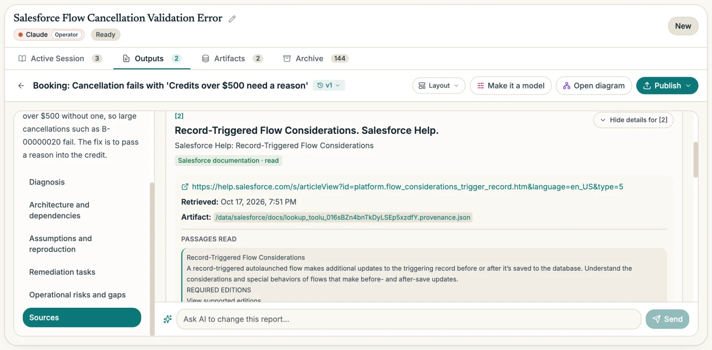 A report's Sources panel showing a Salesforce Help article, its retrieval time and the passages the AI read
