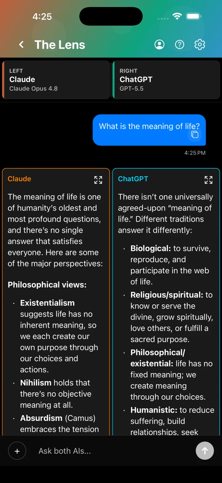 Symposium AI compare mode with two AIs answering side by side